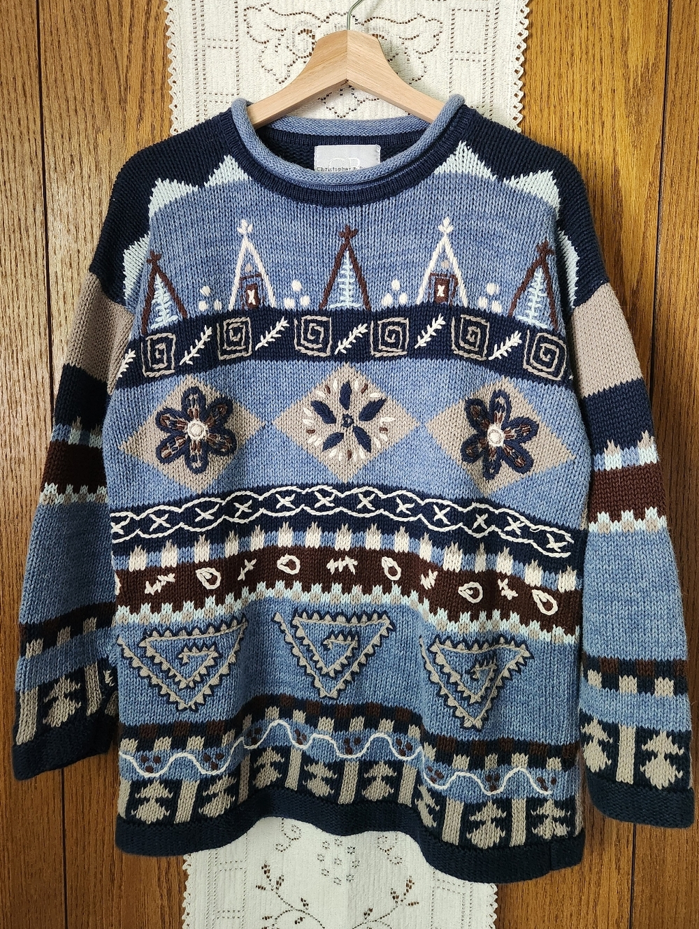 Christopher & Banks Navy and Light Blue Nordic Crewneck Pullover Sweater